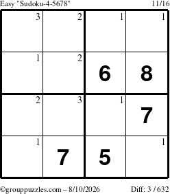 The grouppuzzles.com Easy Sudoku-4-5678 puzzle for Monday August 10, 2026 with the first 3 steps marked