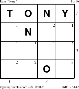 The grouppuzzles.com Easy Tony puzzle for Monday August 10, 2026 with all 3 steps marked