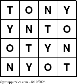 The grouppuzzles.com Answer grid for the Tony puzzle for Monday August 10, 2026
