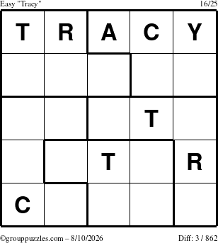 The grouppuzzles.com Easy Tracy puzzle for Monday August 10, 2026