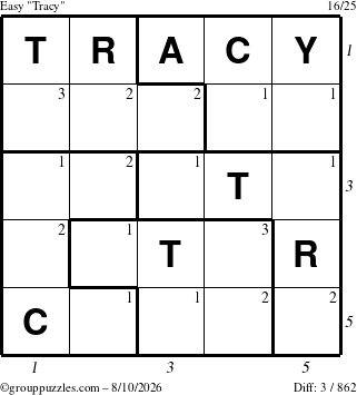 The grouppuzzles.com Easy Tracy puzzle for Monday August 10, 2026, suitable for printing, with all 3 steps marked