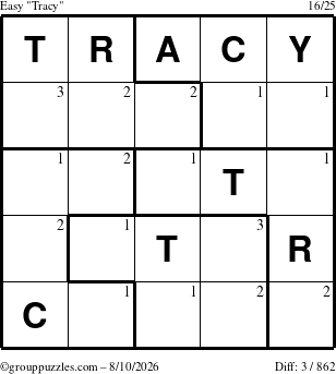 The grouppuzzles.com Easy Tracy puzzle for Monday August 10, 2026 with the first 3 steps marked
