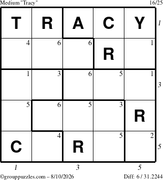 The grouppuzzles.com Medium Tracy puzzle for Monday August 10, 2026 with all 6 steps marked