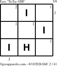 The grouppuzzles.com Easy TicTac-GHI puzzle for Monday August 10, 2026, suitable for printing, with all 2 steps marked