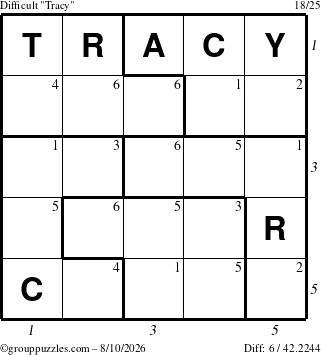 The grouppuzzles.com Difficult Tracy puzzle for Monday August 10, 2026, suitable for printing, with all 6 steps marked