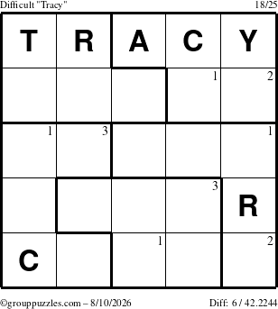 The grouppuzzles.com Difficult Tracy puzzle for Monday August 10, 2026 with the first 3 steps marked