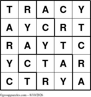 The grouppuzzles.com Answer grid for the Tracy puzzle for Monday August 10, 2026