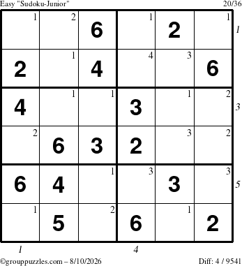 The grouppuzzles.com Easy Sudoku-Junior puzzle for Monday August 10, 2026 with all 4 steps marked