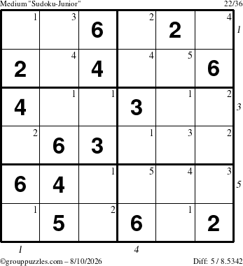 The grouppuzzles.com Medium Sudoku-Junior puzzle for Monday August 10, 2026, suitable for printing, with all 5 steps marked