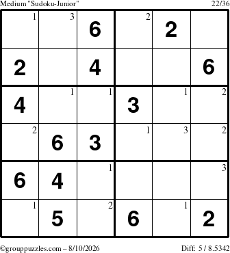 The grouppuzzles.com Medium Sudoku-Junior puzzle for Monday August 10, 2026 with the first 3 steps marked