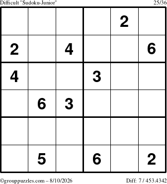 The grouppuzzles.com Difficult Sudoku-Junior puzzle for Monday August 10, 2026