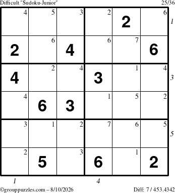 The grouppuzzles.com Difficult Sudoku-Junior puzzle for Monday August 10, 2026, suitable for printing, with all 7 steps marked