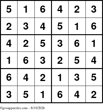 The grouppuzzles.com Answer grid for the Sudoku-Junior puzzle for Monday August 10, 2026