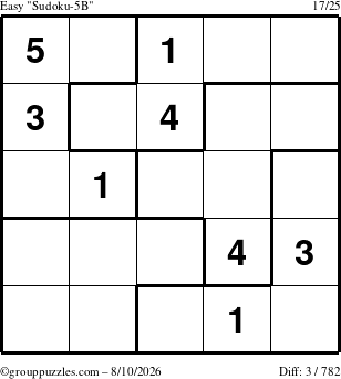 The grouppuzzles.com Easy Sudoku-5B puzzle for Monday August 10, 2026