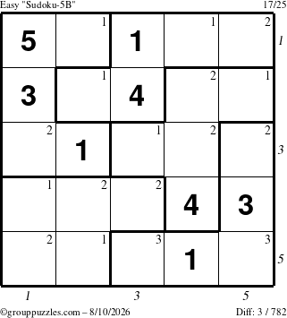 The grouppuzzles.com Easy Sudoku-5B puzzle for Monday August 10, 2026, suitable for printing, with all 3 steps marked