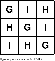 The grouppuzzles.com Answer grid for the TicTac-GHI puzzle for Monday August 10, 2026