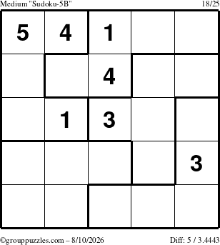 The grouppuzzles.com Medium Sudoku-5B puzzle for Monday August 10, 2026