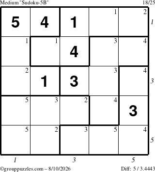 The grouppuzzles.com Medium Sudoku-5B puzzle for Monday August 10, 2026 with all 5 steps marked