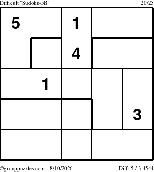 The grouppuzzles.com Difficult Sudoku-5B puzzle for Monday August 10, 2026