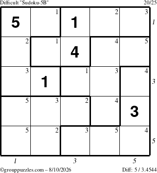 The grouppuzzles.com Difficult Sudoku-5B puzzle for Monday August 10, 2026 with all 5 steps marked