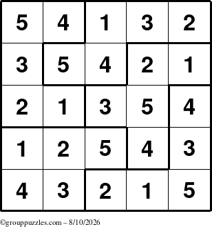 The grouppuzzles.com Answer grid for the Sudoku-5B puzzle for Monday August 10, 2026