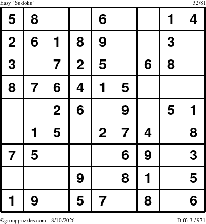 The grouppuzzles.com Easy Sudoku puzzle for Monday August 10, 2026