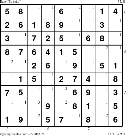 The grouppuzzles.com Easy Sudoku puzzle for Monday August 10, 2026, suitable for printing, with all 3 steps marked
