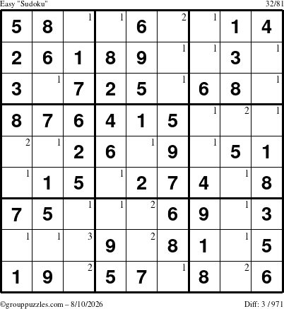 The grouppuzzles.com Easy Sudoku puzzle for Monday August 10, 2026 with the first 3 steps marked