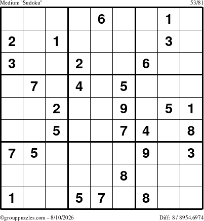 The grouppuzzles.com Medium Sudoku puzzle for Monday August 10, 2026