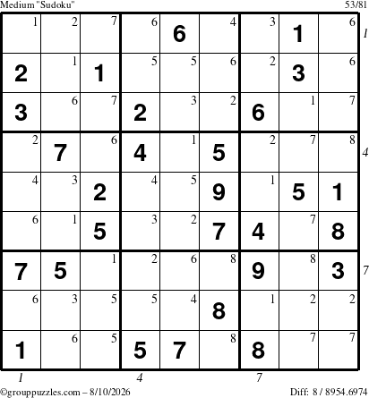 The grouppuzzles.com Medium Sudoku puzzle for Monday August 10, 2026, suitable for printing, with all 8 steps marked