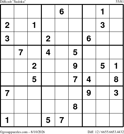 The grouppuzzles.com Difficult Sudoku puzzle for Monday August 10, 2026