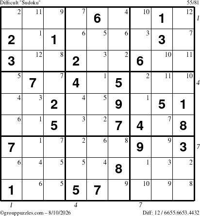 The grouppuzzles.com Difficult Sudoku puzzle for Monday August 10, 2026 with all 12 steps marked
