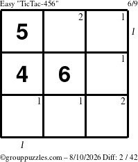 The grouppuzzles.com Easy TicTac-456 puzzle for Monday August 10, 2026 with all 2 steps marked