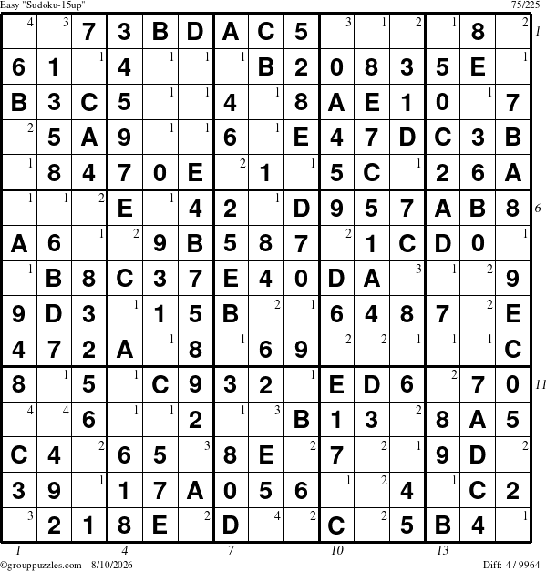 The grouppuzzles.com Easy Sudoku-15up puzzle for Monday August 10, 2026, suitable for printing, with all 4 steps marked