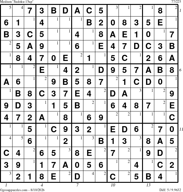 The grouppuzzles.com Medium Sudoku-15up puzzle for Monday August 10, 2026 with all 5 steps marked
