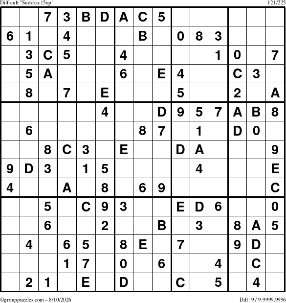 The grouppuzzles.com Difficult Sudoku-15up puzzle for Monday August 10, 2026