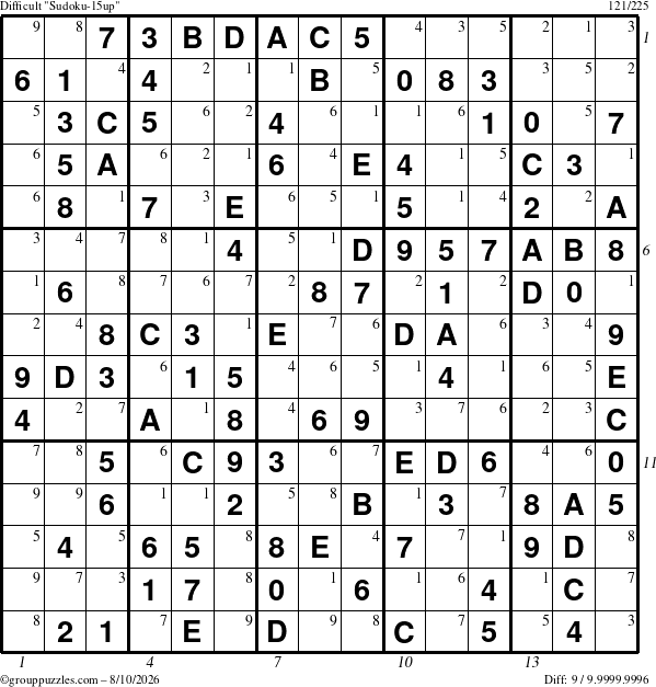 The grouppuzzles.com Difficult Sudoku-15up puzzle for Monday August 10, 2026 with all 9 steps marked