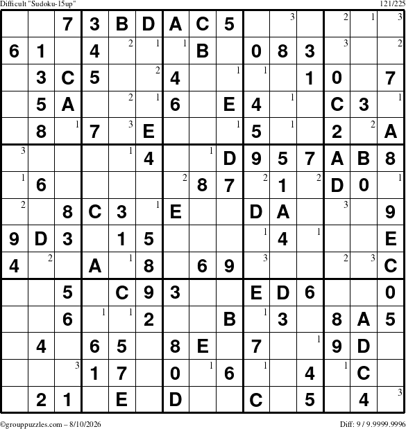 The grouppuzzles.com Difficult Sudoku-15up puzzle for Monday August 10, 2026 with the first 3 steps marked