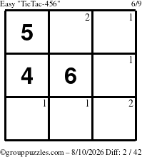 The grouppuzzles.com Easy TicTac-456 puzzle for Monday August 10, 2026 with the first 2 steps marked