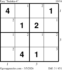 The grouppuzzles.com Easy Sudoku-4 puzzle for Thursday March 5, 2026, suitable for printing, with all 3 steps marked