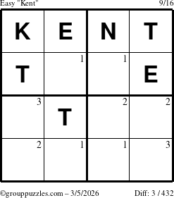 The grouppuzzles.com Easy Kent puzzle for Thursday March 5, 2026 with the first 3 steps marked