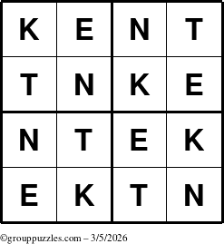 The grouppuzzles.com Answer grid for the Kent puzzle for Thursday March 5, 2026