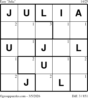 The grouppuzzles.com Easy Julia puzzle for Thursday March 5, 2026 with the first 3 steps marked