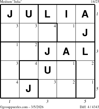 The grouppuzzles.com Medium Julia puzzle for Thursday March 5, 2026, suitable for printing, with all 4 steps marked