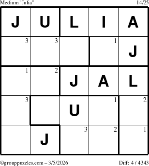 The grouppuzzles.com Medium Julia puzzle for Thursday March 5, 2026 with the first 3 steps marked