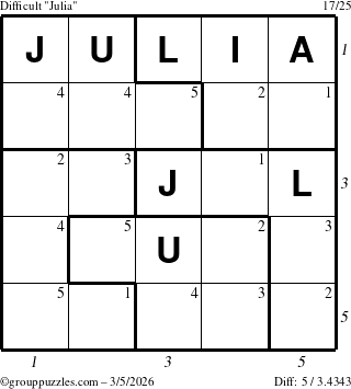 The grouppuzzles.com Difficult Julia puzzle for Thursday March 5, 2026, suitable for printing, with all 5 steps marked