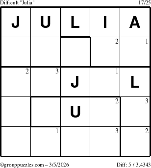 The grouppuzzles.com Difficult Julia puzzle for Thursday March 5, 2026 with the first 3 steps marked