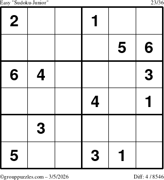 The grouppuzzles.com Easy Sudoku-Junior puzzle for Thursday March 5, 2026