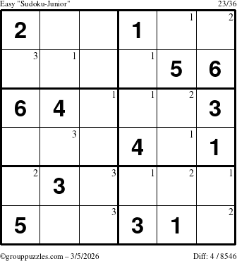 The grouppuzzles.com Easy Sudoku-Junior puzzle for Thursday March 5, 2026 with the first 3 steps marked
