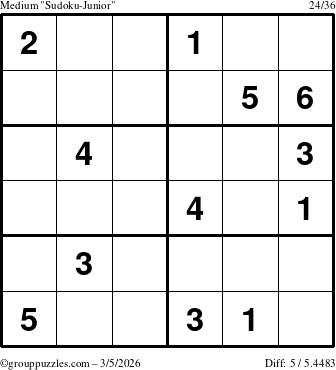 The grouppuzzles.com Medium Sudoku-Junior puzzle for Thursday March 5, 2026